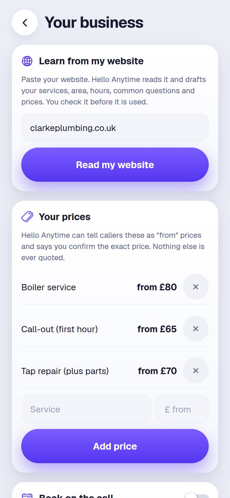 Your business settings: prices and learning from your website