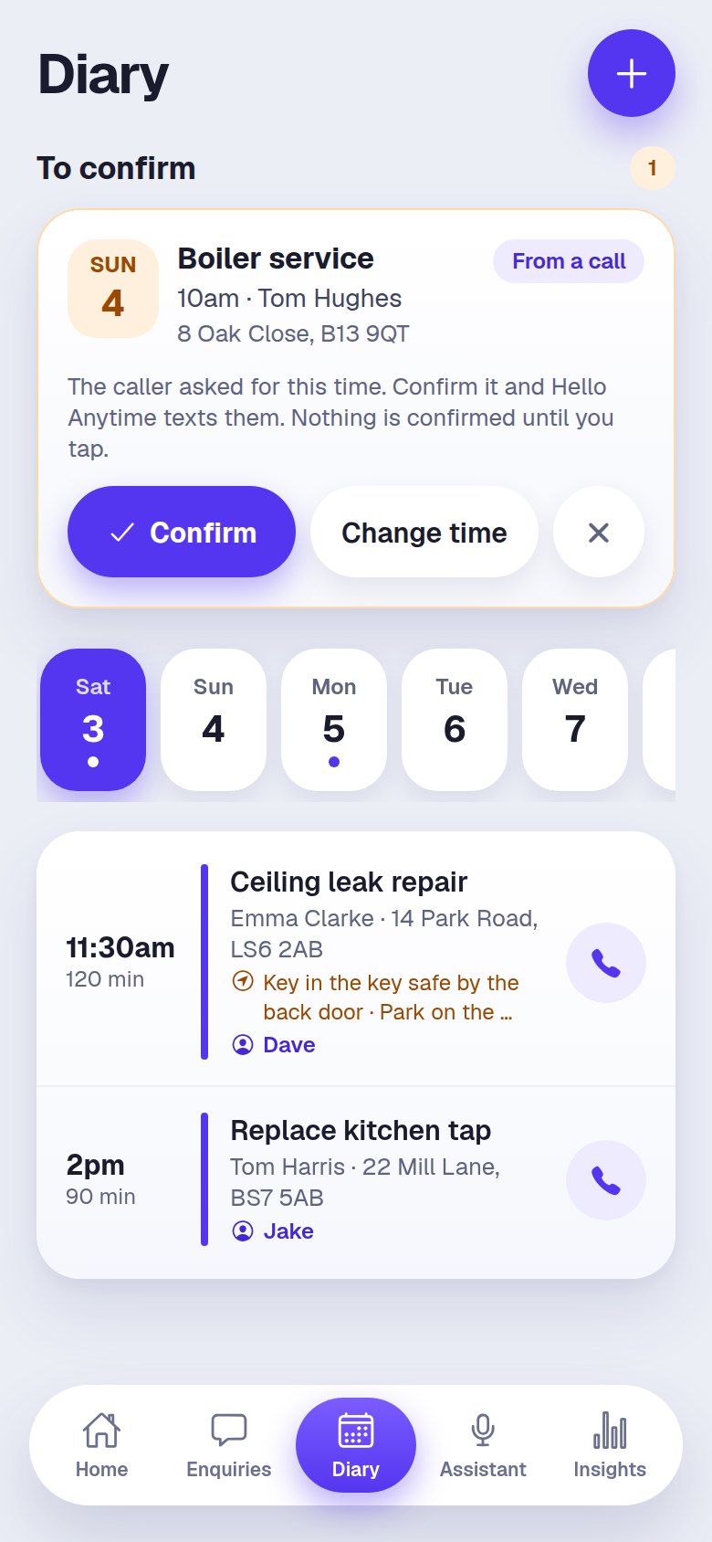 Diary with a booking to confirm and today's jobs