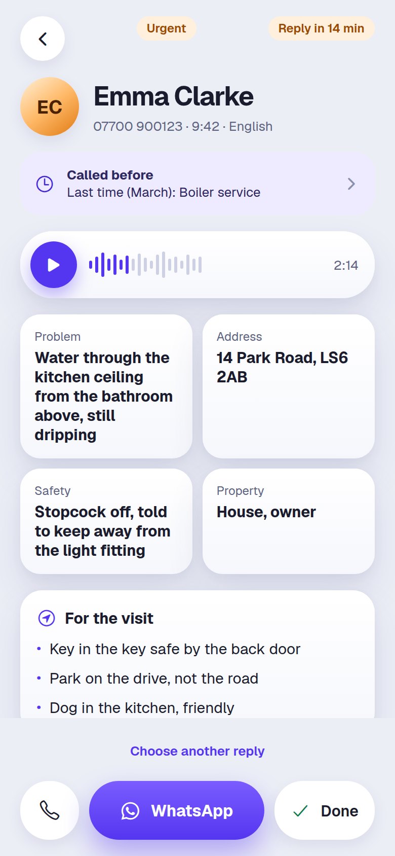 An urgent call summed up with call back and reply buttons