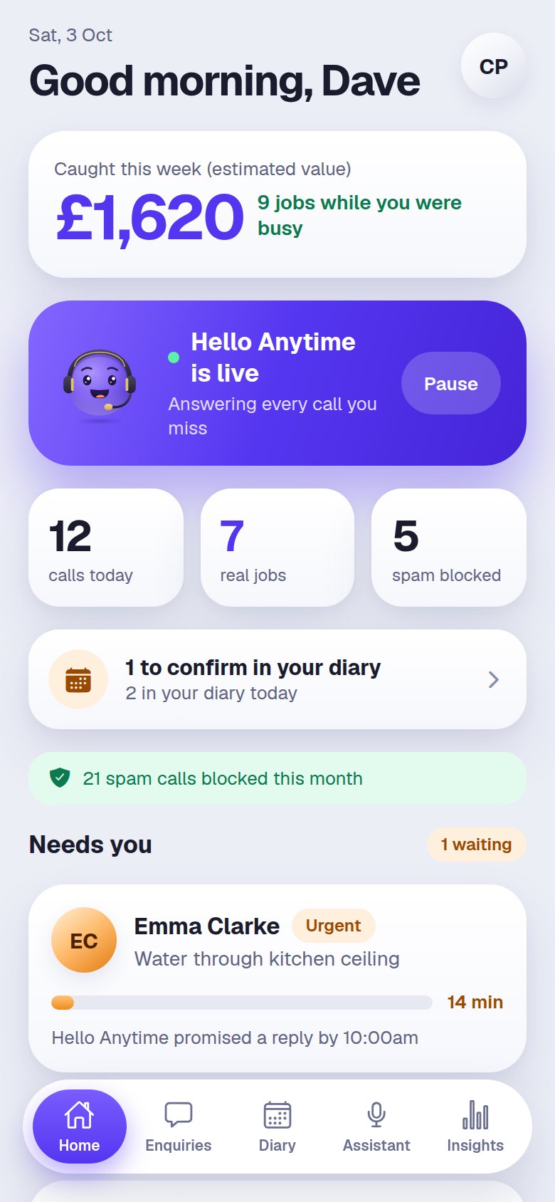 Home screen: jobs caught this week and what needs you now